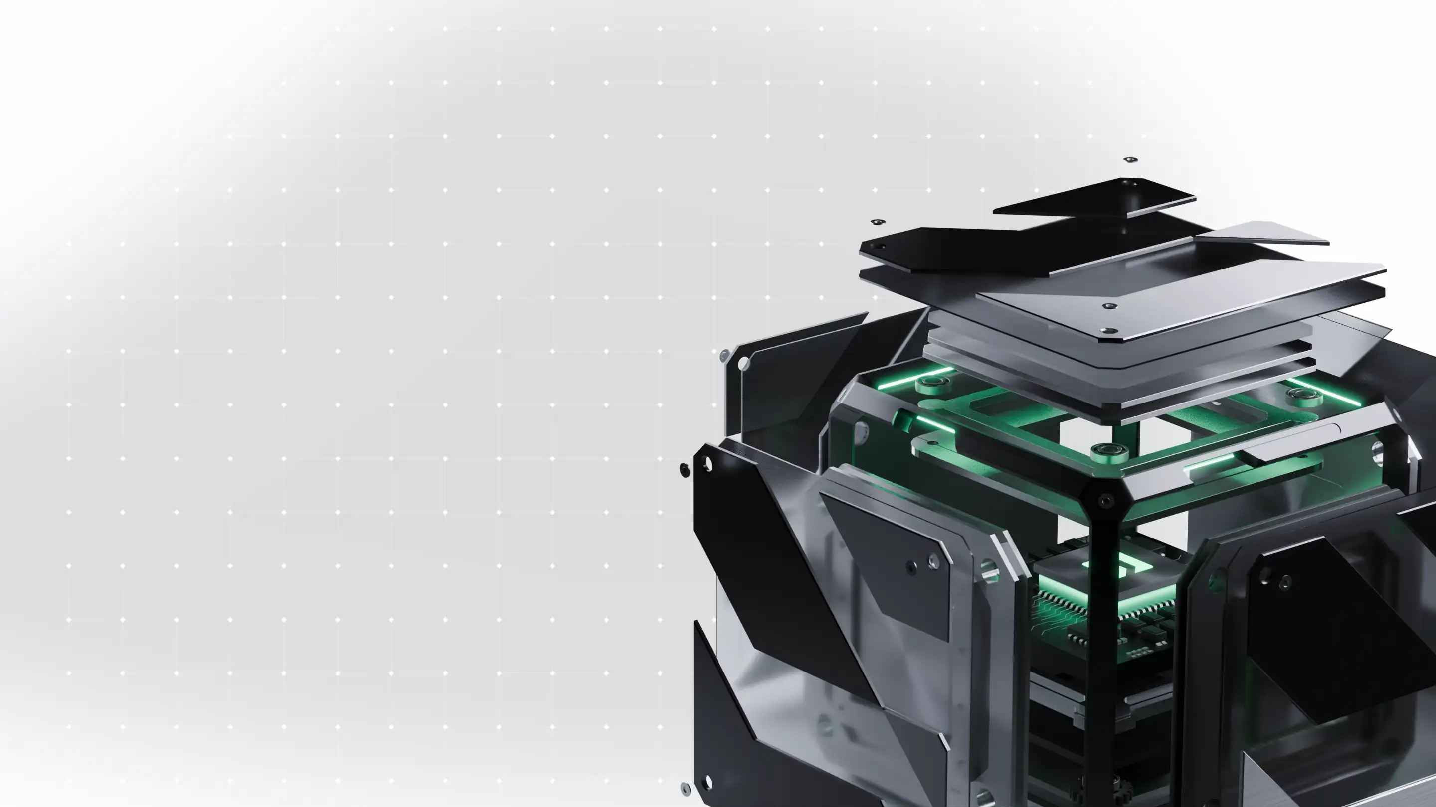 Exploded view of the Evolv3D cube render — panels lifting away to reveal the internal circuit boards